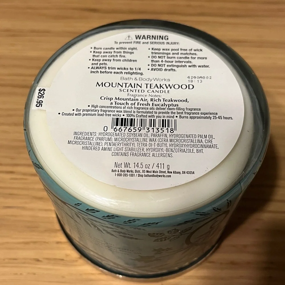 Bath & Body 3 Wick Candle. Mountain Teakwood. Brand New.
